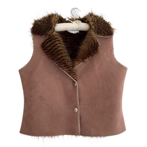 Deborah Murray Faux Fur Lined Faux Suede Vest Silver Tone Buttons Western Boho